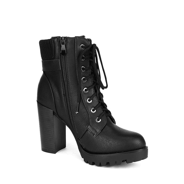 Chunky Round-Toe High Heel Ankle Boots - BLACK - 4